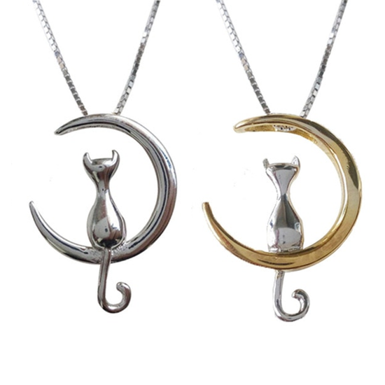 Silver Chain Cat Moon Necklace
